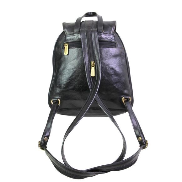 Hexagona BLACK REAL LEATHER ZIP AROUND FLAP BACKPACK SHOULDER BAG HANDBAG PURSE main image 6